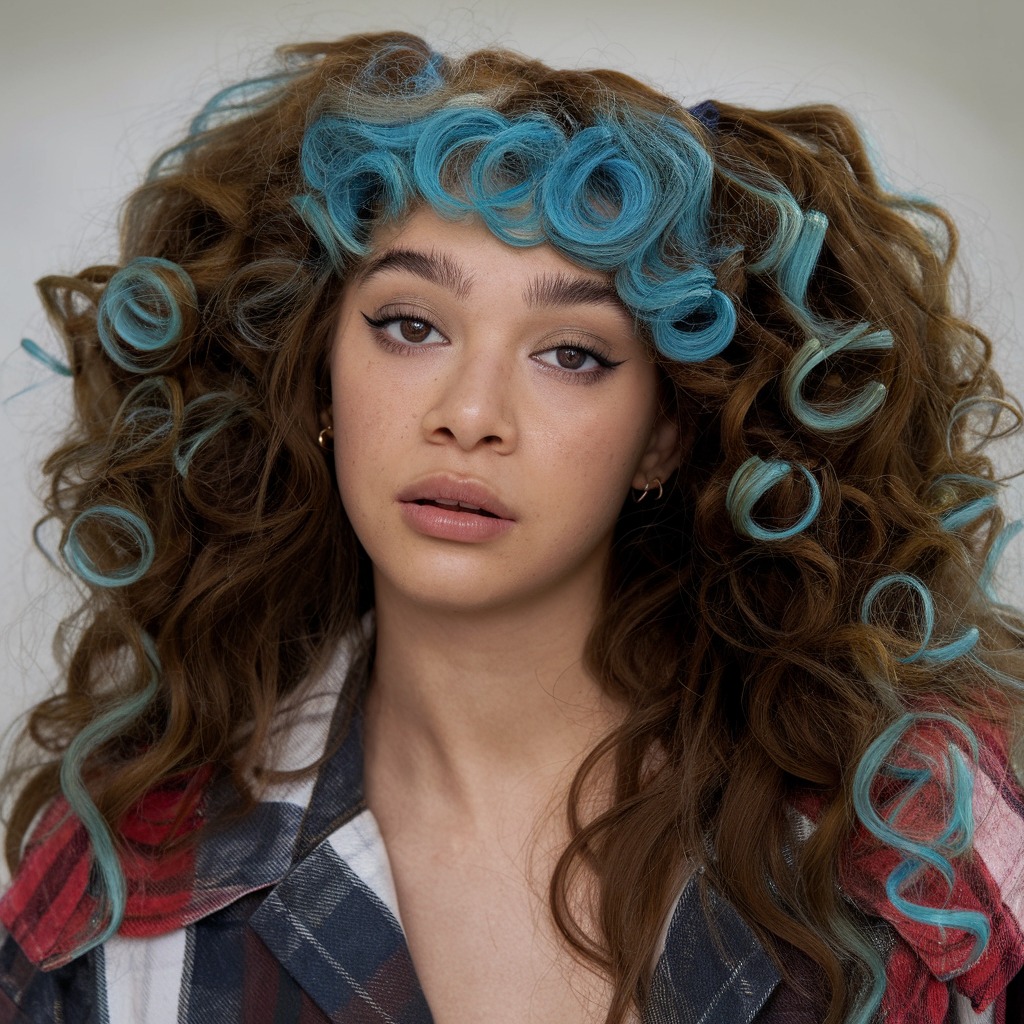 Bright Blue Streaks in Voluminous Curls