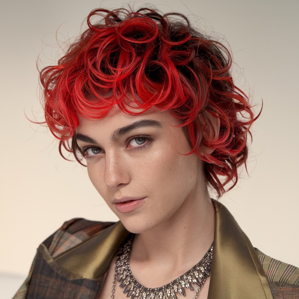 Bright Red Highlights on Curly Wolf Cut