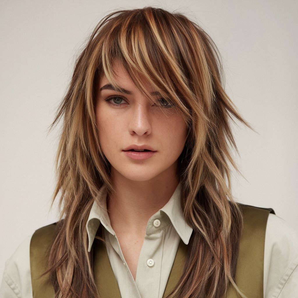 Caramel Highlights on Long Wolf Cut