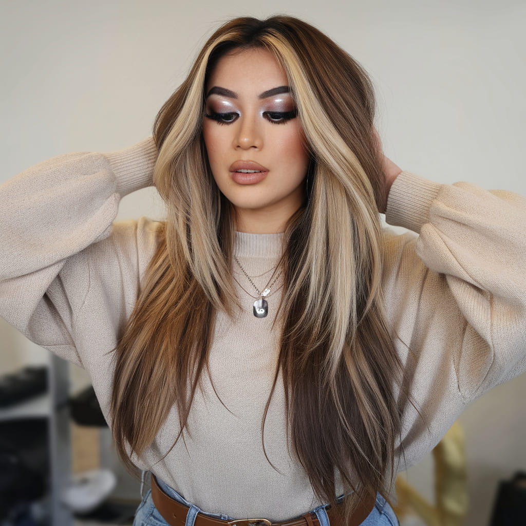 Chunky Ice Blonde Highlights on Warm Brown Hair