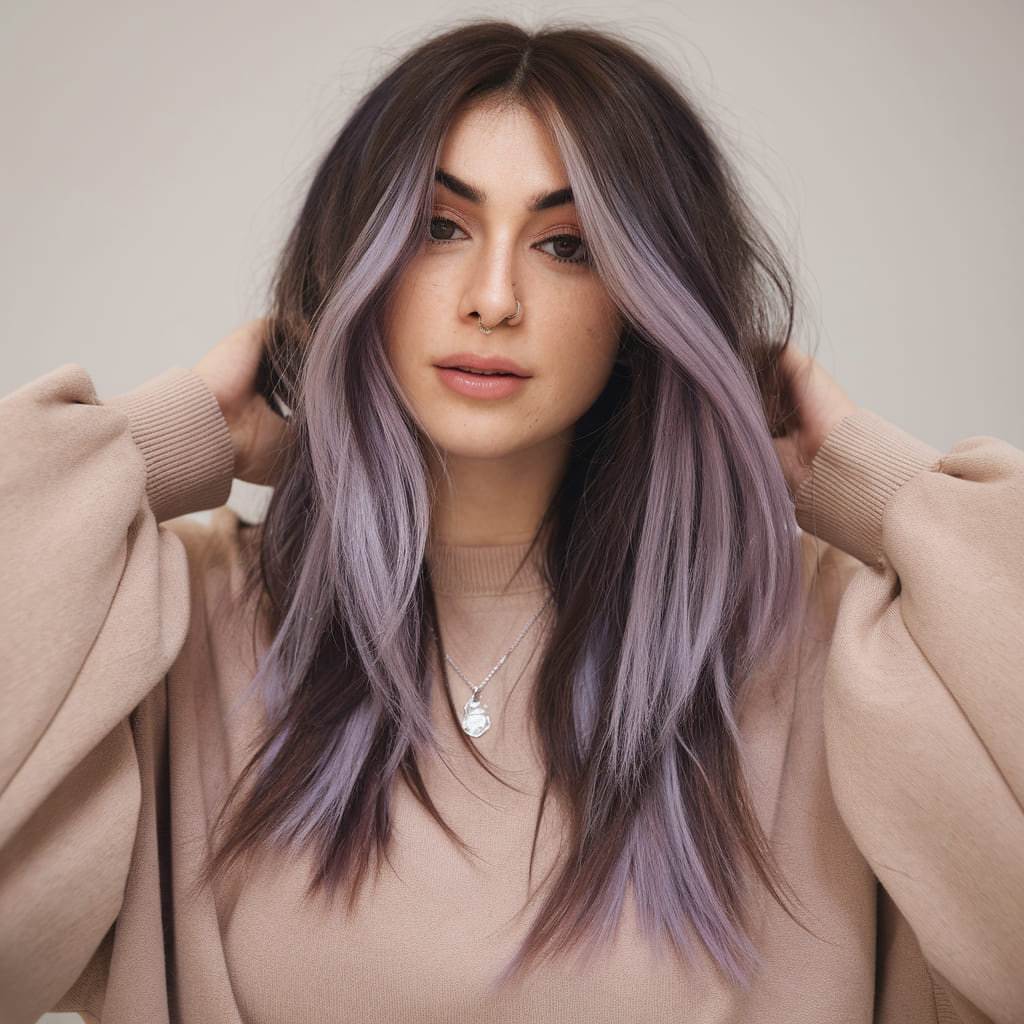 Chunky Lilac Highlights on Dark Brown Hair