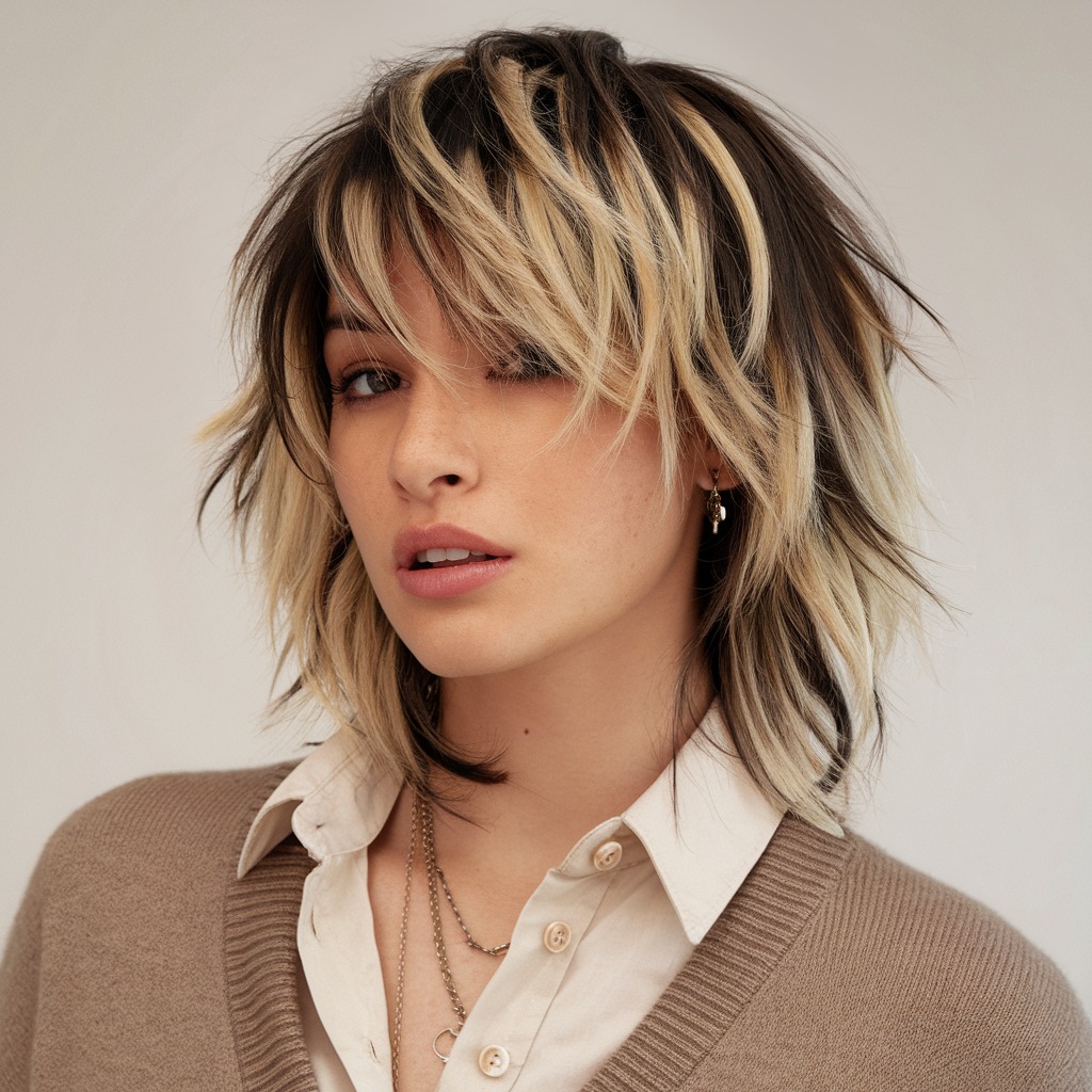 Classic Blonde Highlights on Brunette Wolf Cut