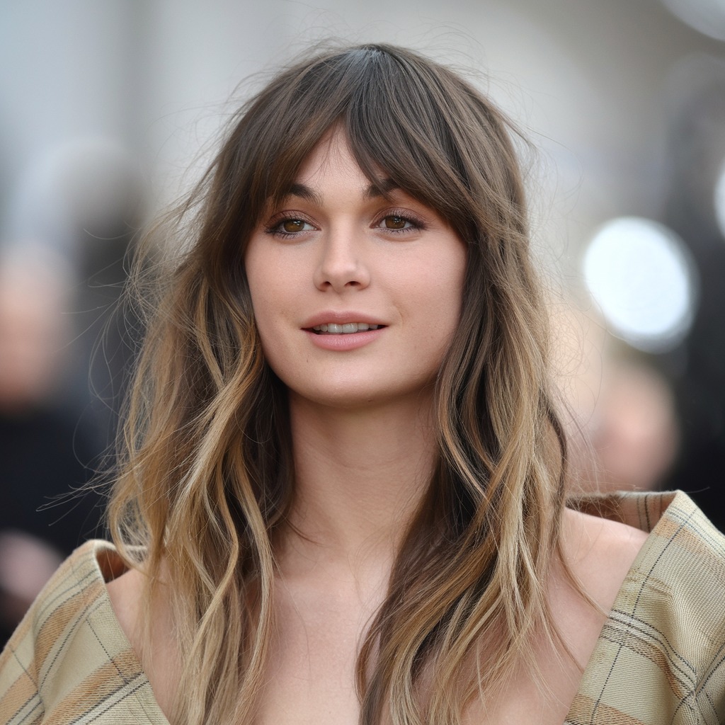 Curtain Bangs with Tousled Waves for Square Face