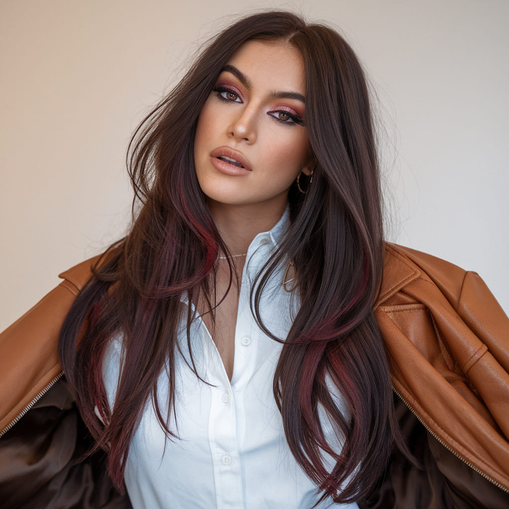 Deep Burgundy Highlights on Dark Brunette Locks