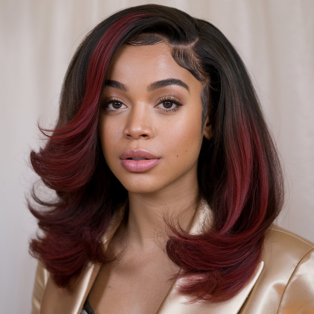 Deep Side Part with a Pop of Burgundy