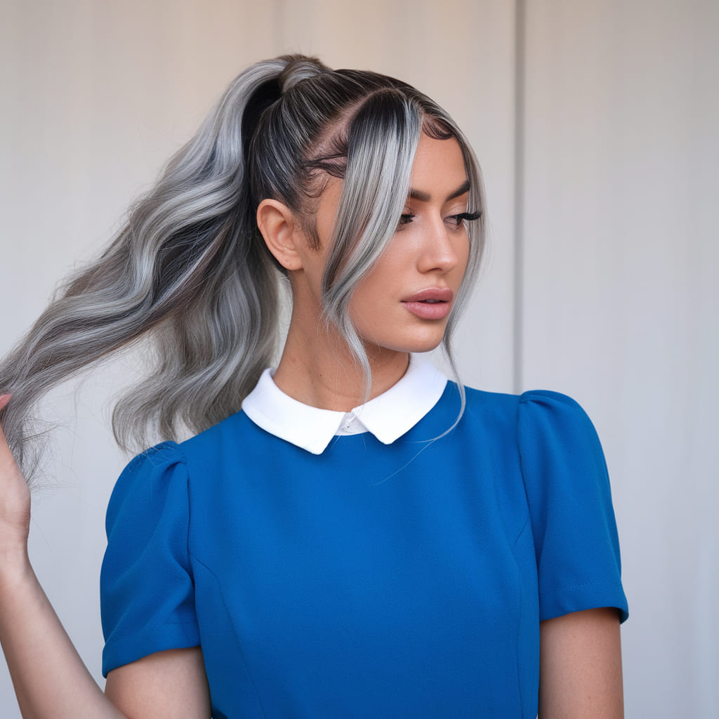 High Ponytail with Silver Highlights