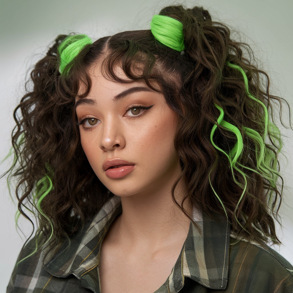 Neon Green Accents on Curly Black Hair