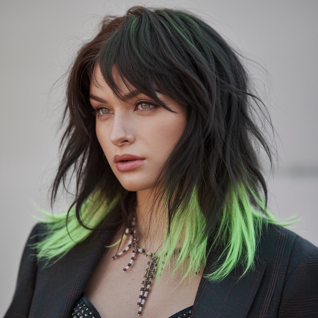 Neon Green Ends on a Dark Wolf Cut