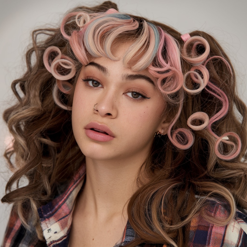 Pastel Pink Highlights on Brown Curls