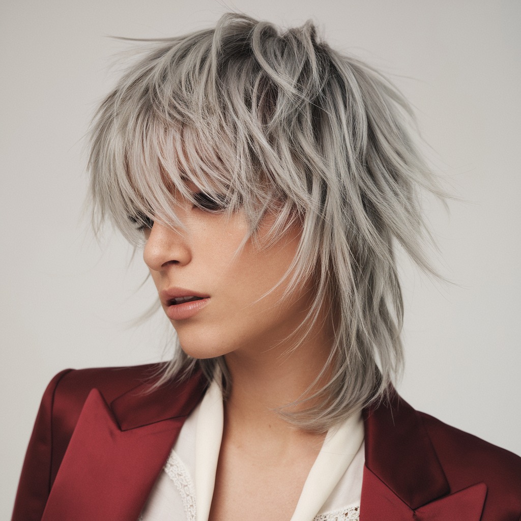 Silver Streaks on a Tousled Wolf Cut