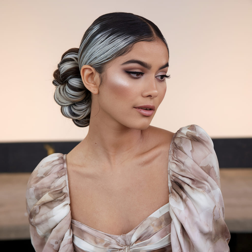 Sleek Bun with Silver Highlights