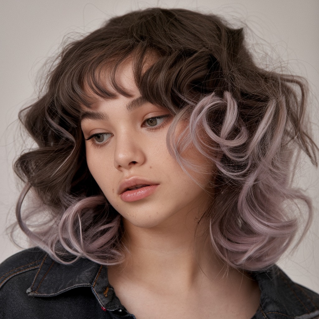 Soft Lavender Highlights on Dark Brown Curls