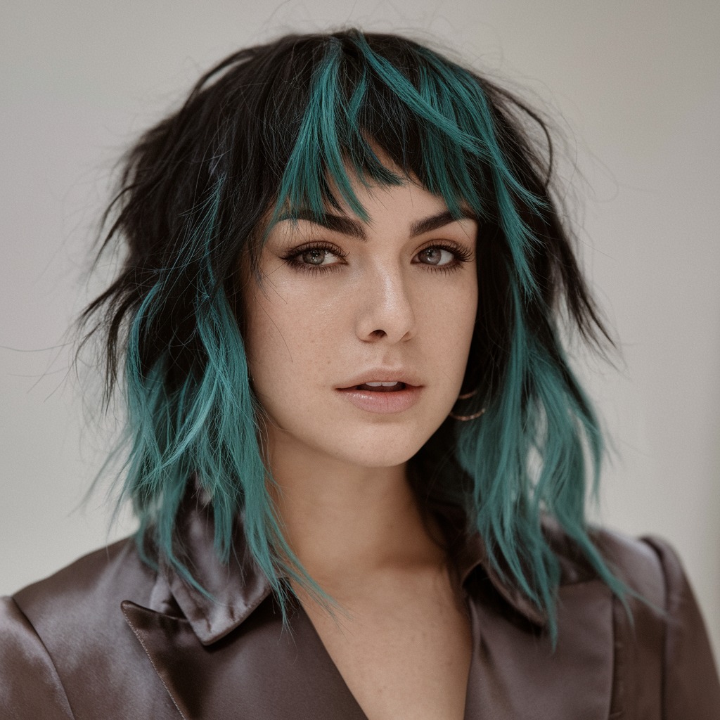 Teal Bangs on a Black Wolf Cut