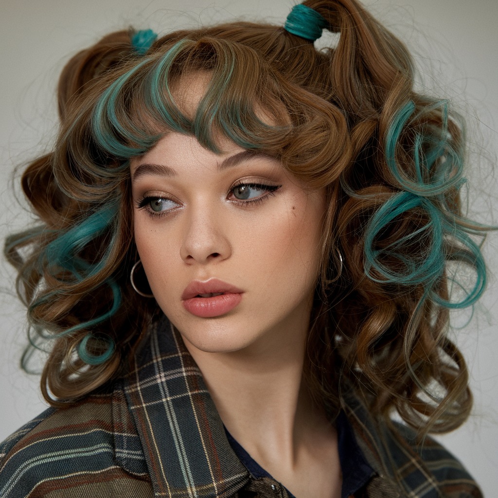 Teal Streaks in Chestnut Brown Curls