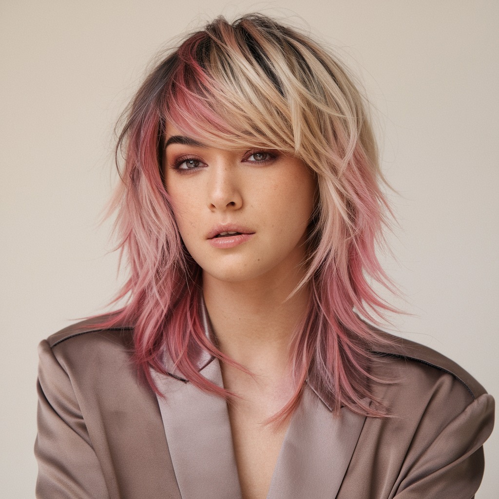 Two-Toned Wolf Cut with Pink and Blonde Highlights