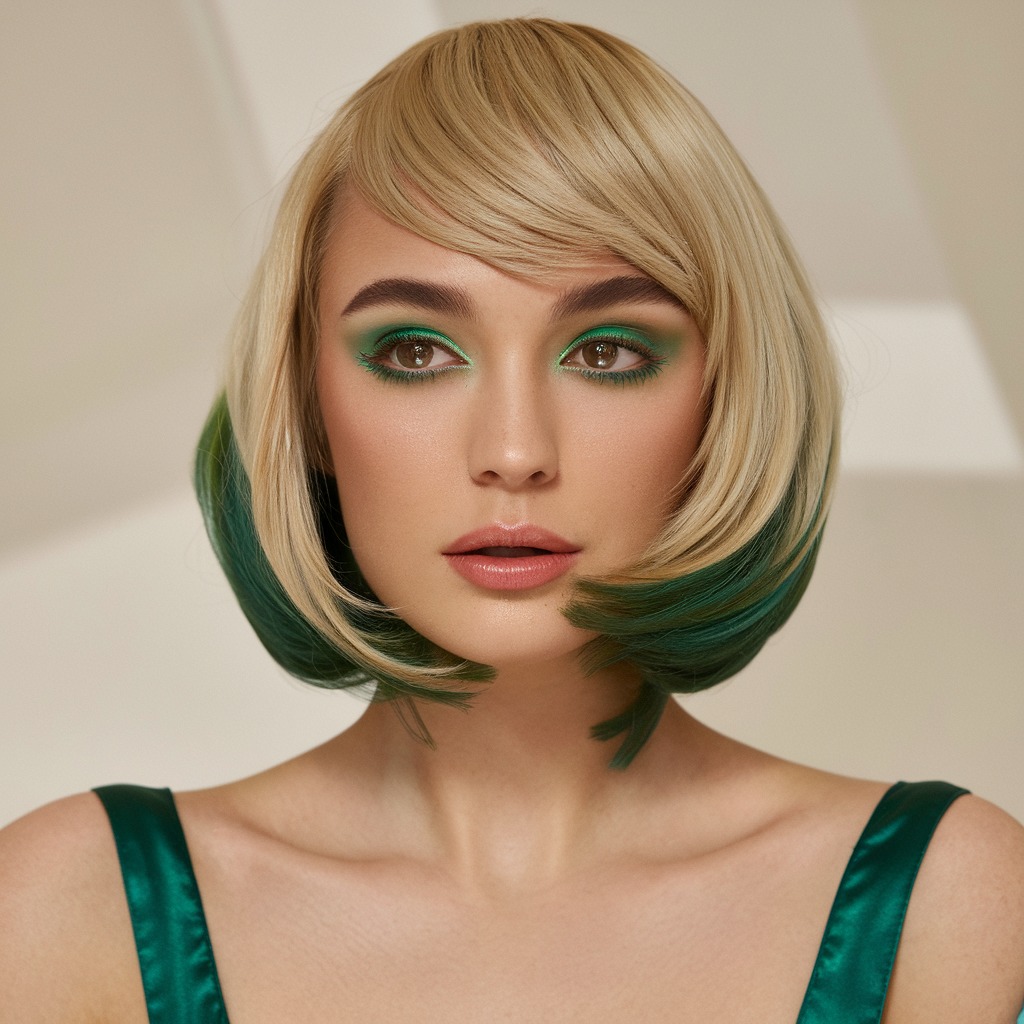 Asymmetrical Bob with Emerald Green Accents