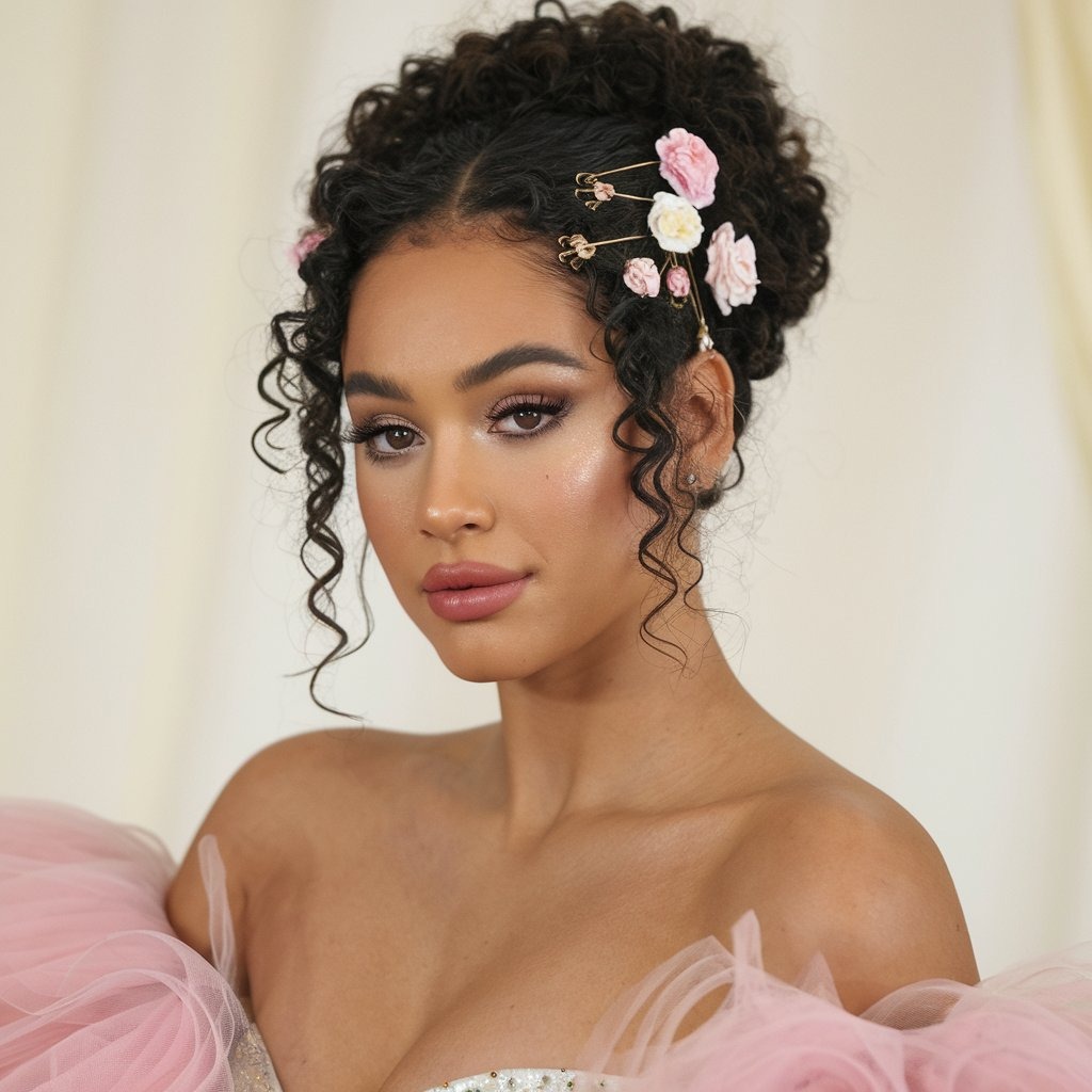 Curly Chignon with Floral Pins