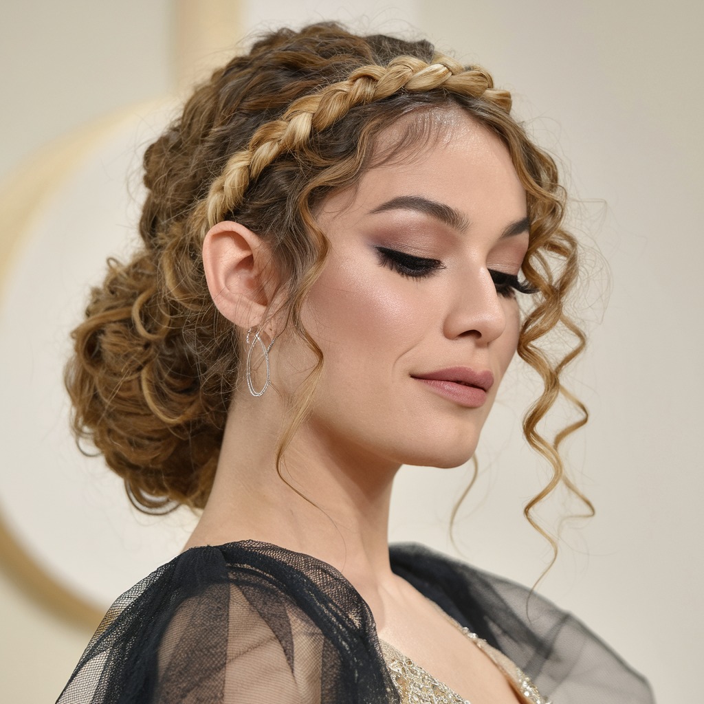 Curly Low Bun with Braided Halo