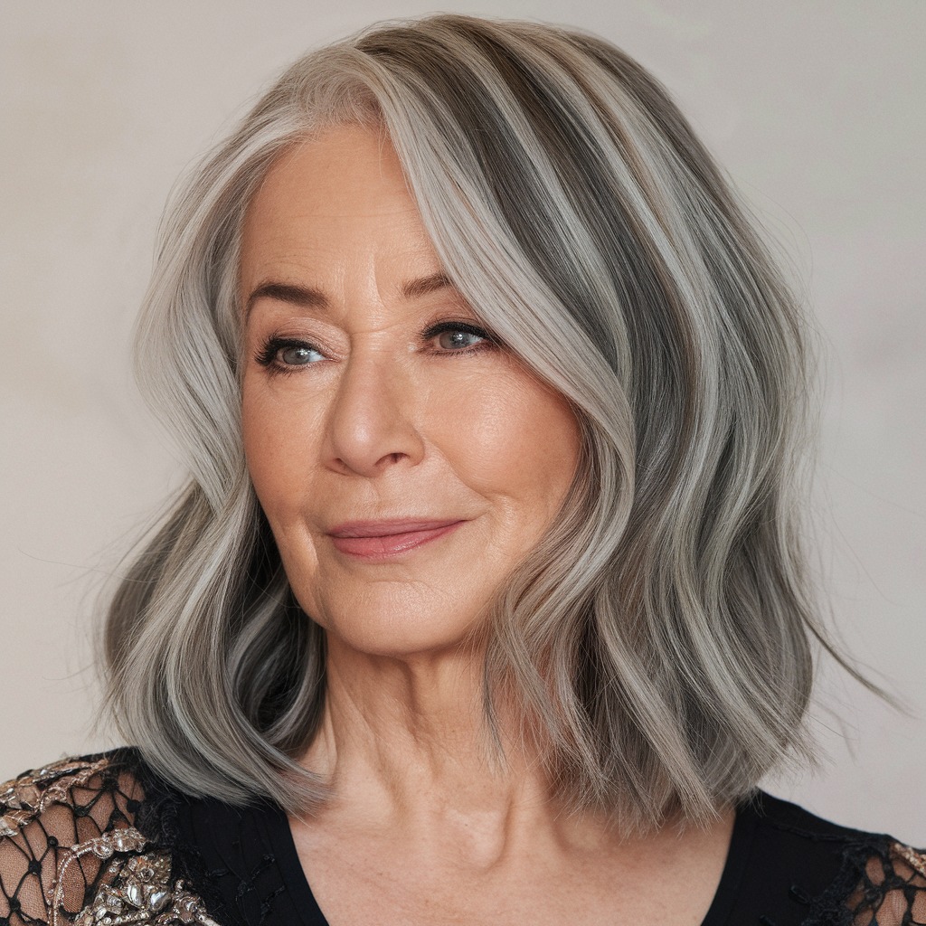 Pearl Gray Highlights in a Shoulder-Length Cut