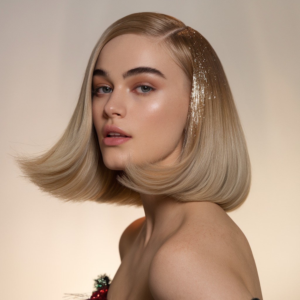 Sleek Shoulder-Length Cut with Glitter Part