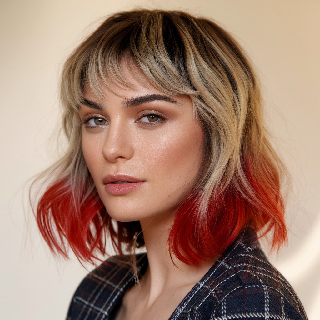 Textured Long Bob with Red Balayage